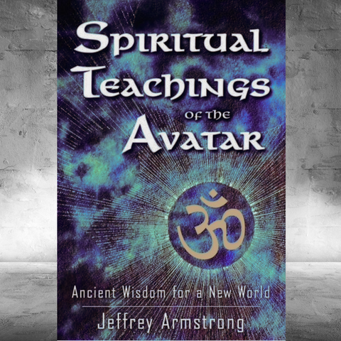 Book cover for 'Spiritual Teachings of the Avatar' by Jeffrey Armstrong, featuring a cosmic blue and purple background with a gold Om symbol in the center, 