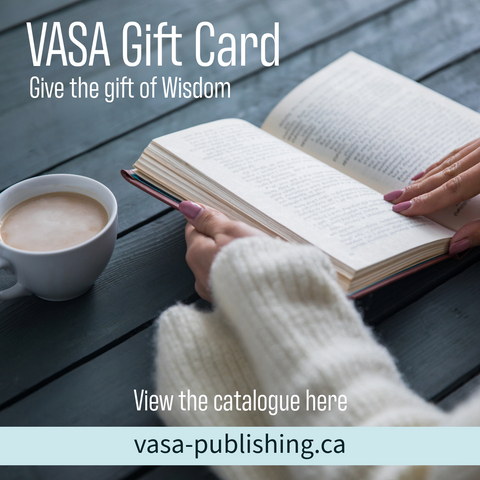 A person holding an open book with a coffee cup beside it, symbolizing the gift of wisdom from VASA Publishing.